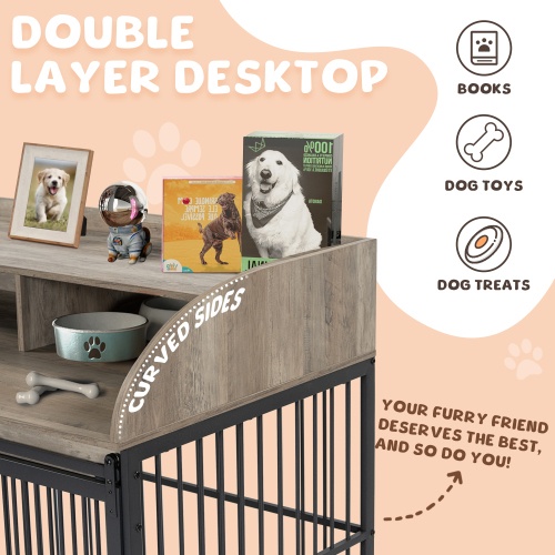 Heavy Duty Dog Cage Furniture for Medium-Large Dogs, Sliding Door Kennel with Lockable Wheels, Double Storage, Grey - Image 7