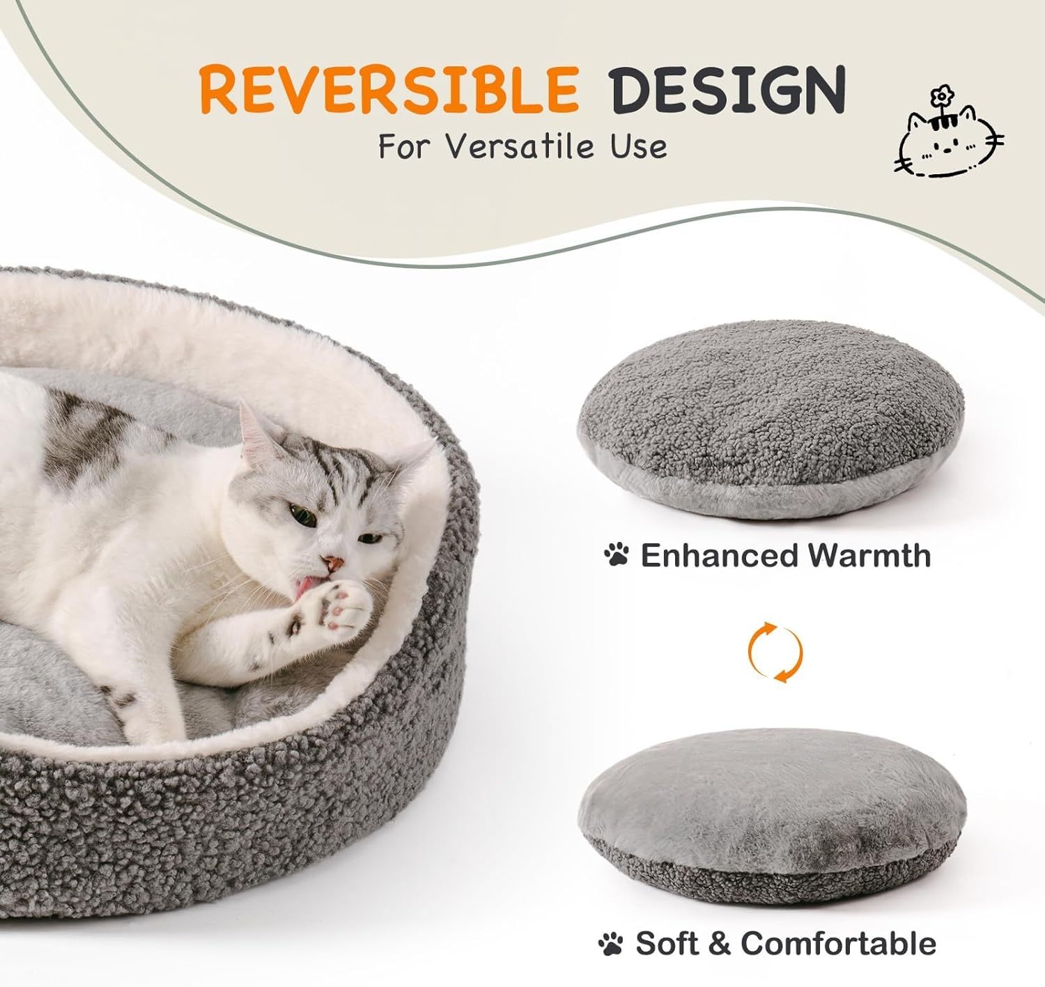 Mewoo Washable Pet Bed for Small Dogs & Cats – 23x23x7 Inch Plush Round Bed with Non-Slip Bottom, Grey - Image 4