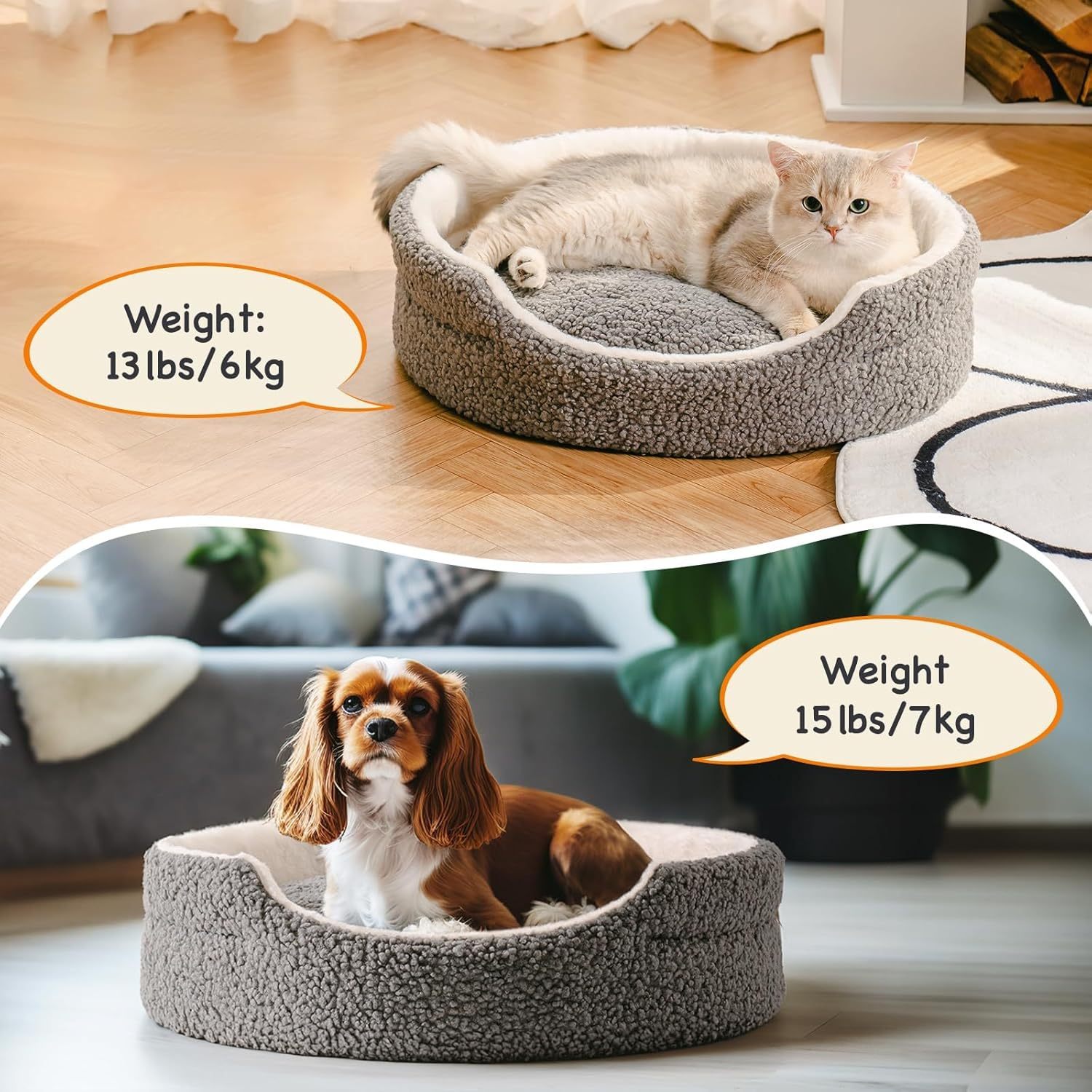Mewoo Washable Pet Bed for Small Dogs & Cats – 23x23x7 Inch Plush Round Bed with Non-Slip Bottom, Grey - Image 5