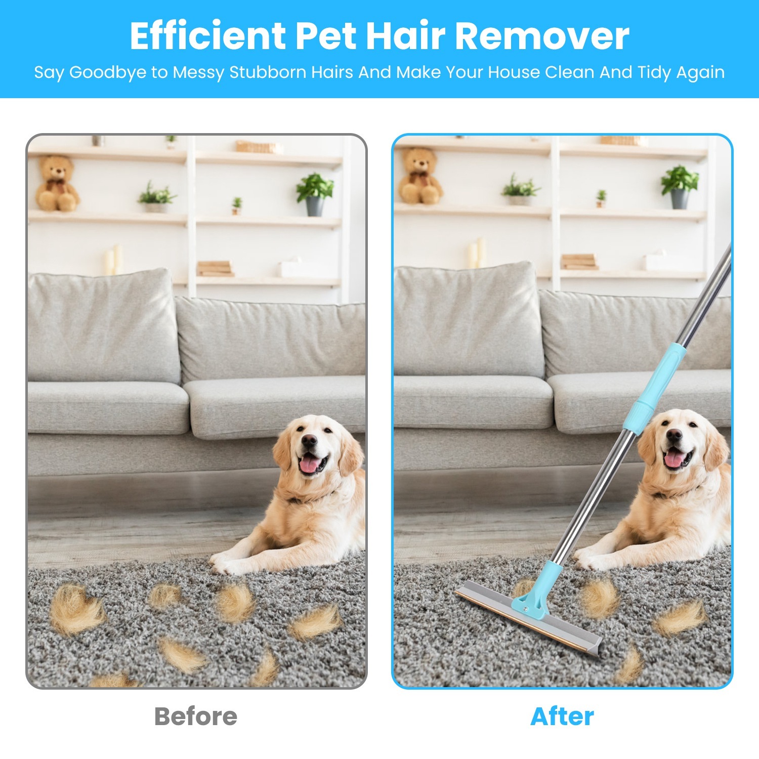 Pet Hair Removal Rake with Adjustable Telescopic Rod – Lint & Fur Remover for Dogs, Cats, Carpets, Clothes, and Furniture - Image 2