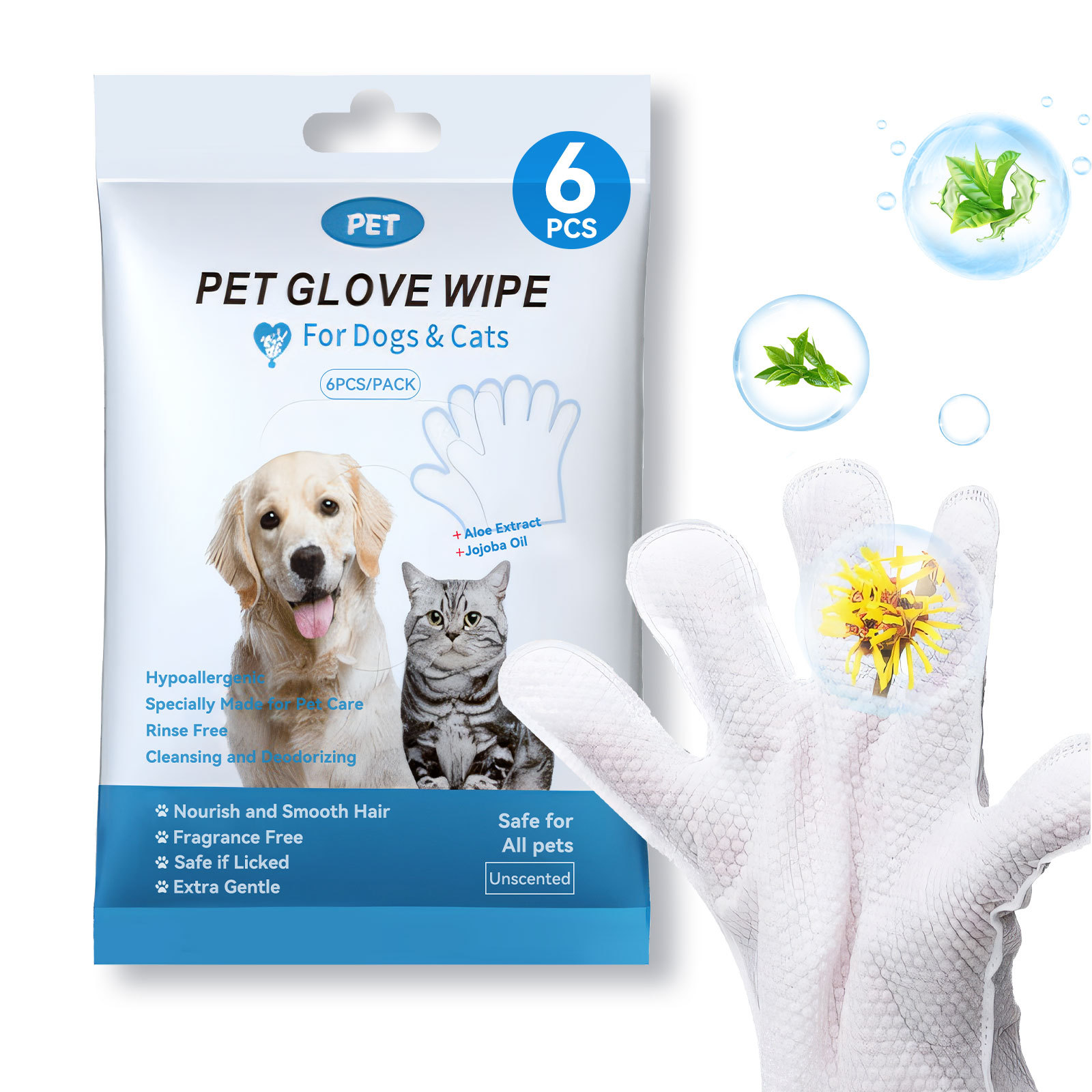 Cleaning Wipes Gloves for Dogs and Cats – Rinse-Free Bathing & Deodorizing Pet Grooming Wipes (6PCS/1PACK) - Image 9