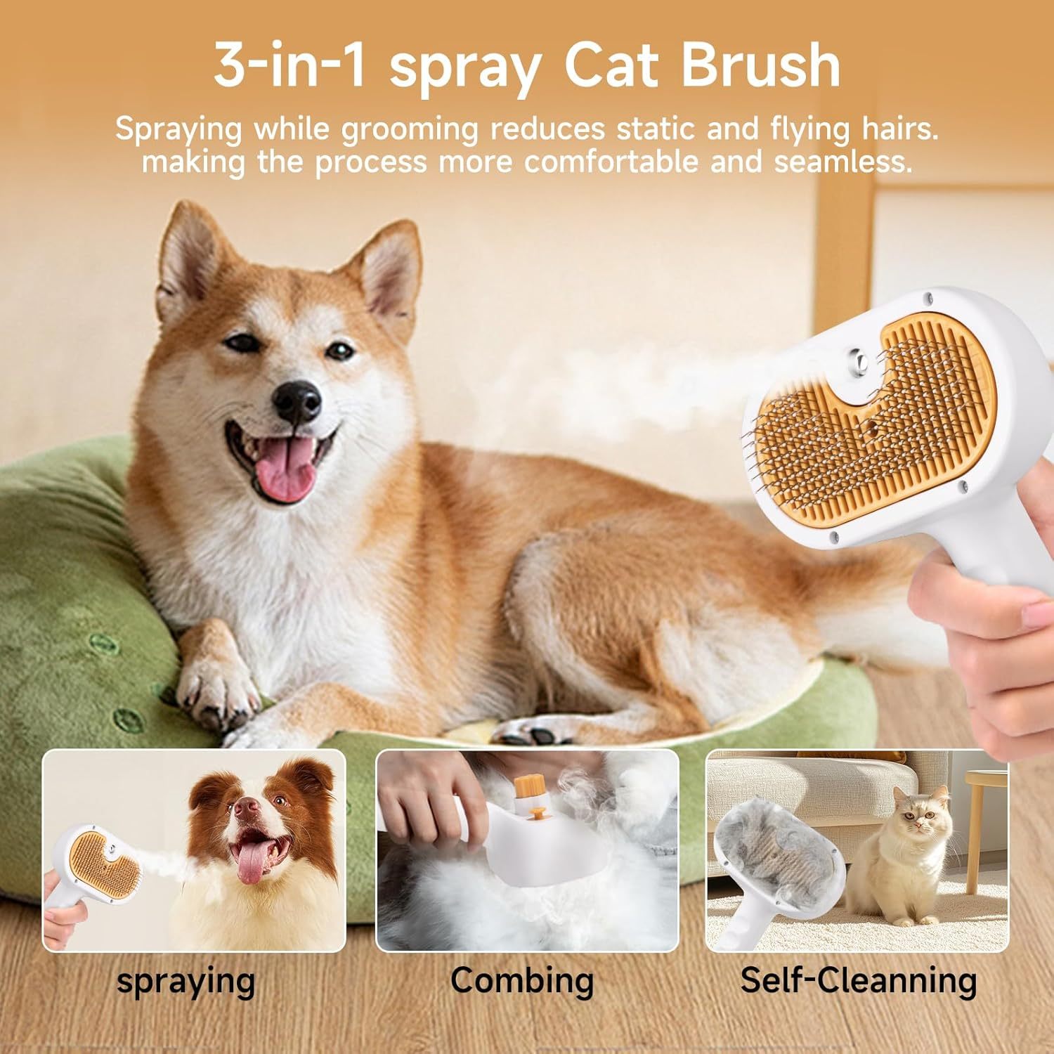 Universal 3-in-1 Pet Steam Brush – Waterless Shampoo, Hair Removal Comb & Ear Towel for Cats & Dogs - Image 7