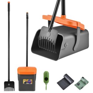 Dog Pooper Scooper Kit with Long Handle – Rake, Swivel Bin & Waste Bags Dispenser
