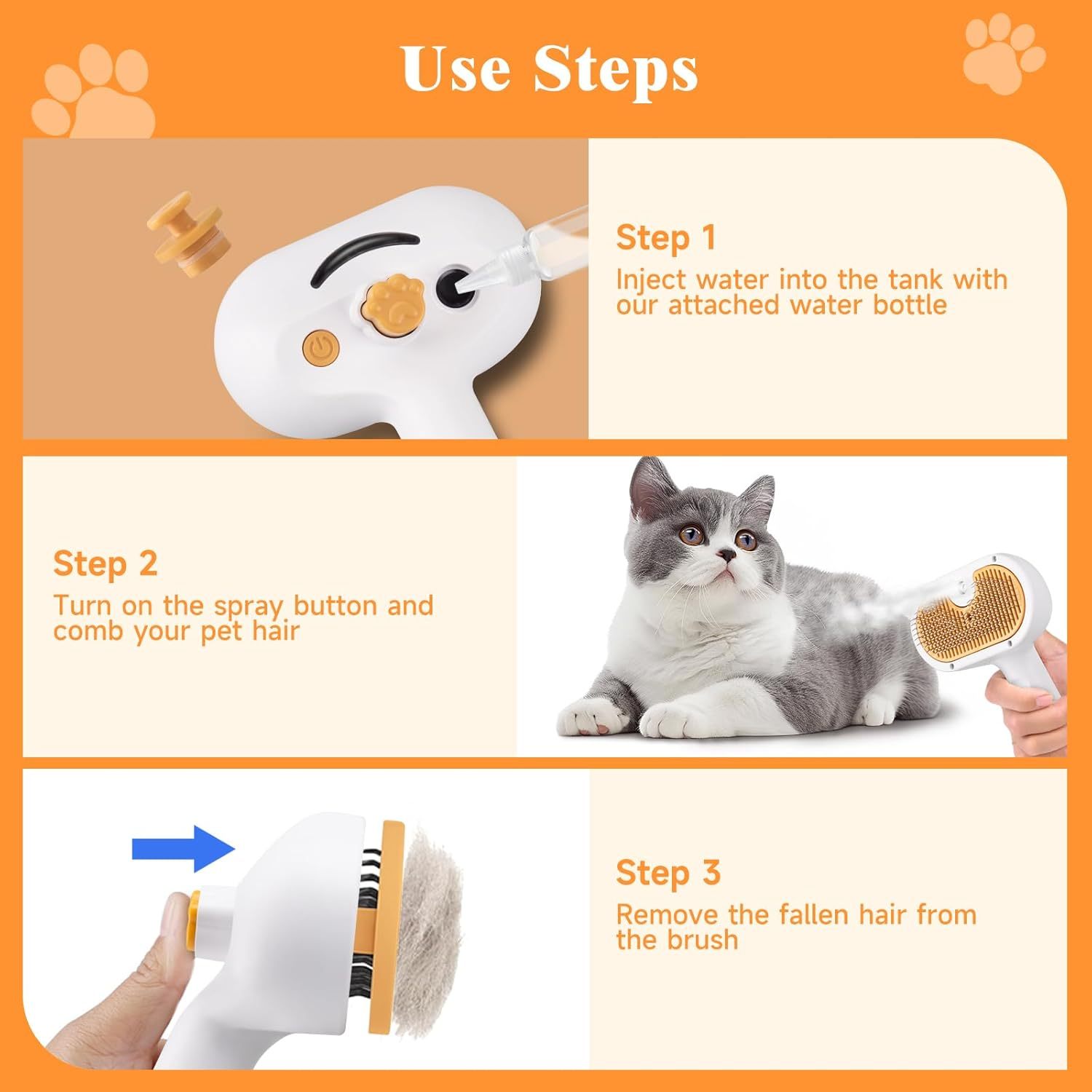 Universal 3-in-1 Pet Steam Brush – Waterless Shampoo, Hair Removal Comb & Ear Towel for Cats & Dogs - Image 2