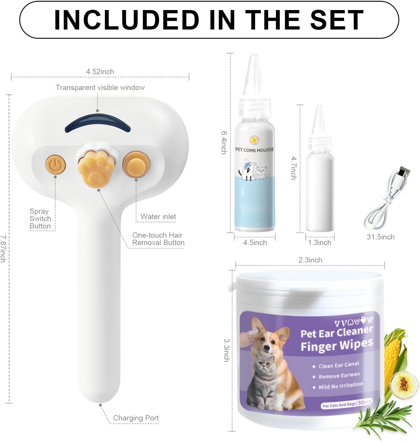 Universal 3-in-1 Pet Steam Brush – Waterless Shampoo, Hair Removal Comb & Ear Towel for Cats & Dogs - Image 3