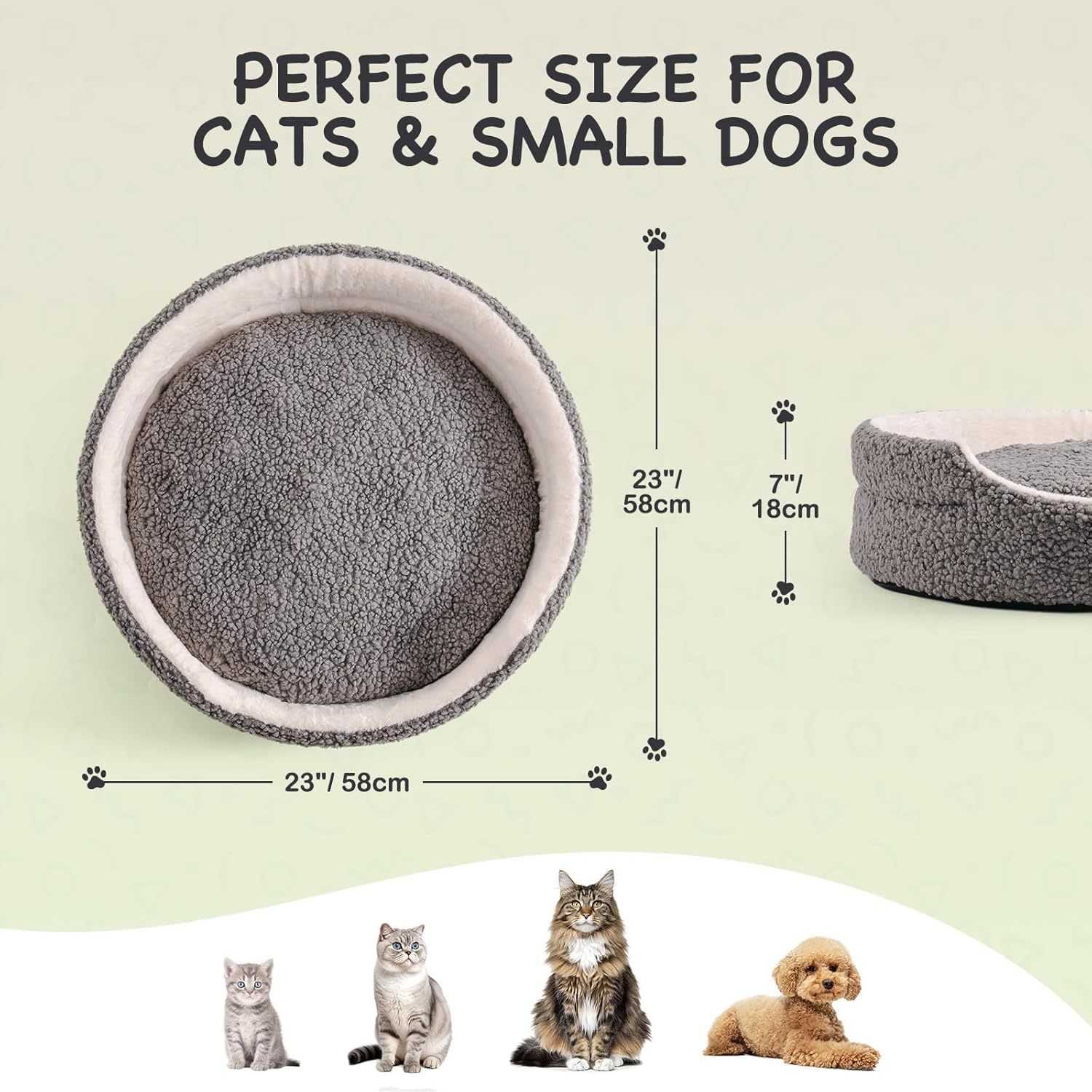 Mewoo Washable Pet Bed for Small Dogs & Cats – 23x23x7 Inch Plush Round Bed with Non-Slip Bottom, Grey - Image 6
