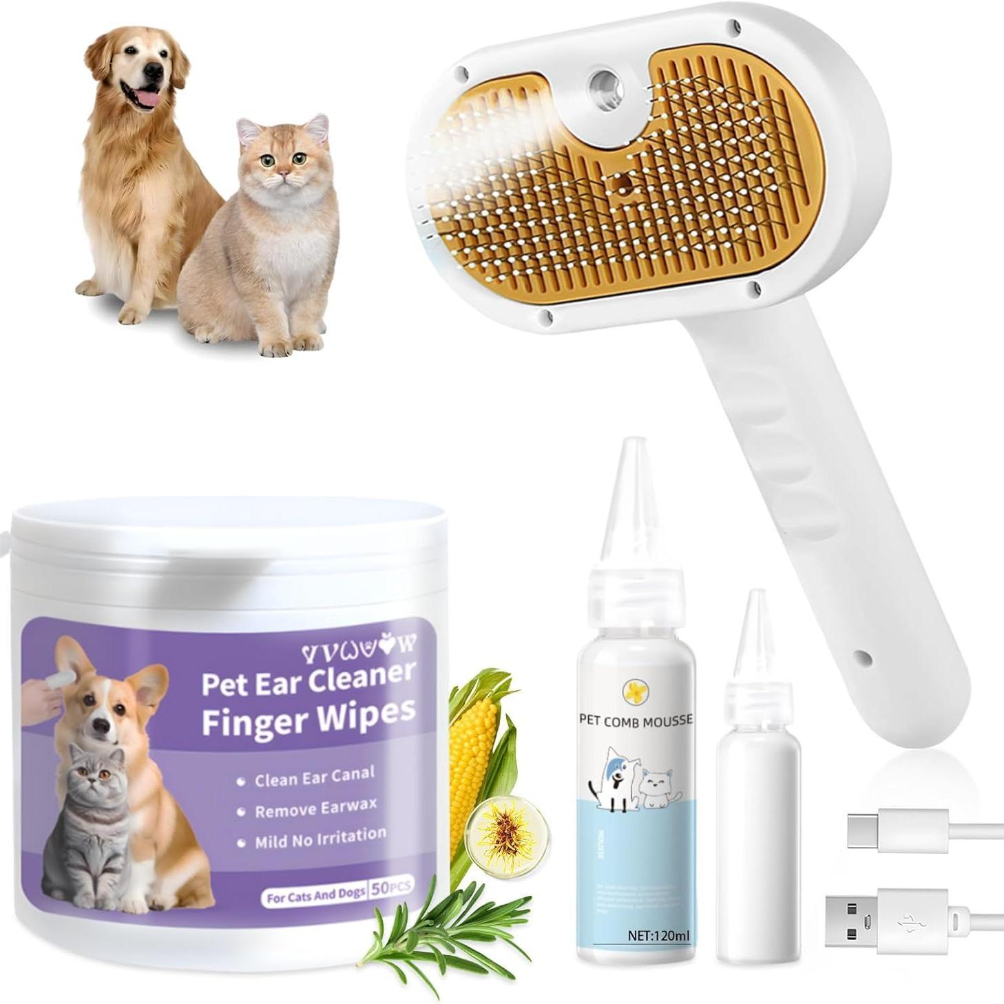 Universal 3-in-1 Pet Steam Brush – Waterless Shampoo, Hair Removal Comb & Ear Towel for Cats & Dogs - Image 4